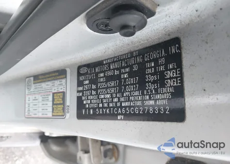 2012 Kia Sorento Lx z USA, uszkodzony, nr VIN 5XYKTCA65CG278332